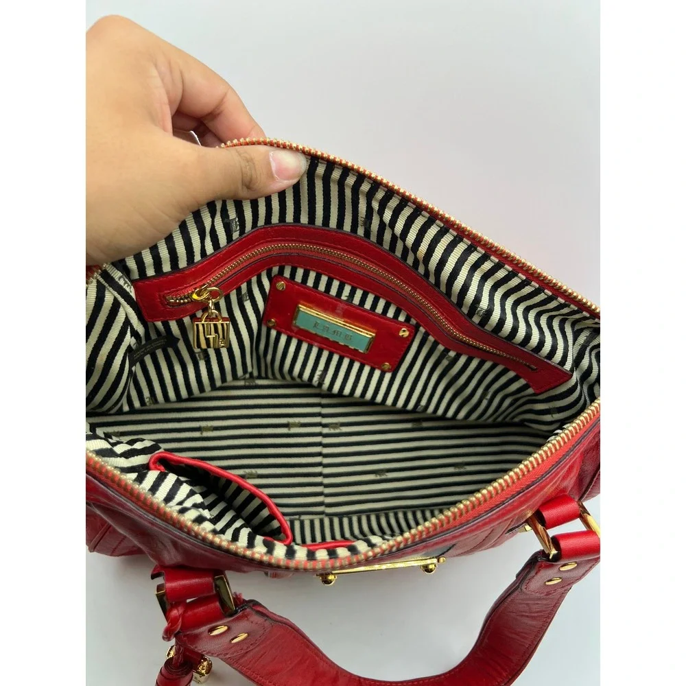 L.A.M.B. Gwen Stefani Red Leather Satchel Handbag Racing Stripe Tassel Gold HW